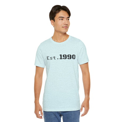 Vintage Est. 1990 T-Shirt by Printify showing a classic design with bold typography on a comfortable cotton tee.