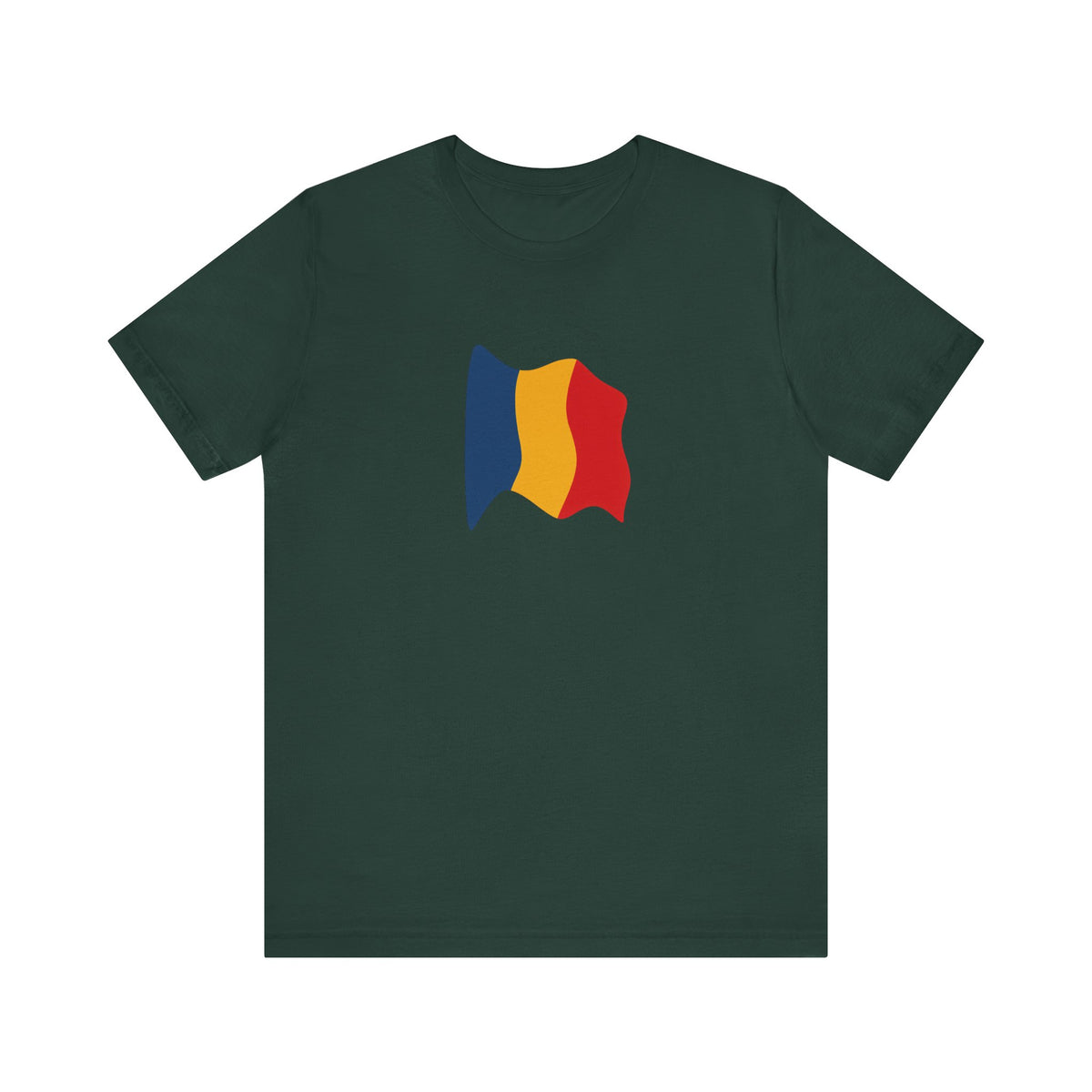 Romania flag T-shirt by Printify featuring a minimal waving tricolor design on a casual cotton tee.