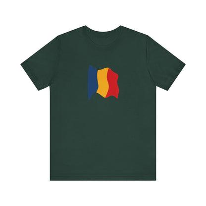 Romania flag T-shirt by Printify featuring a minimal waving tricolor design on a casual cotton tee.