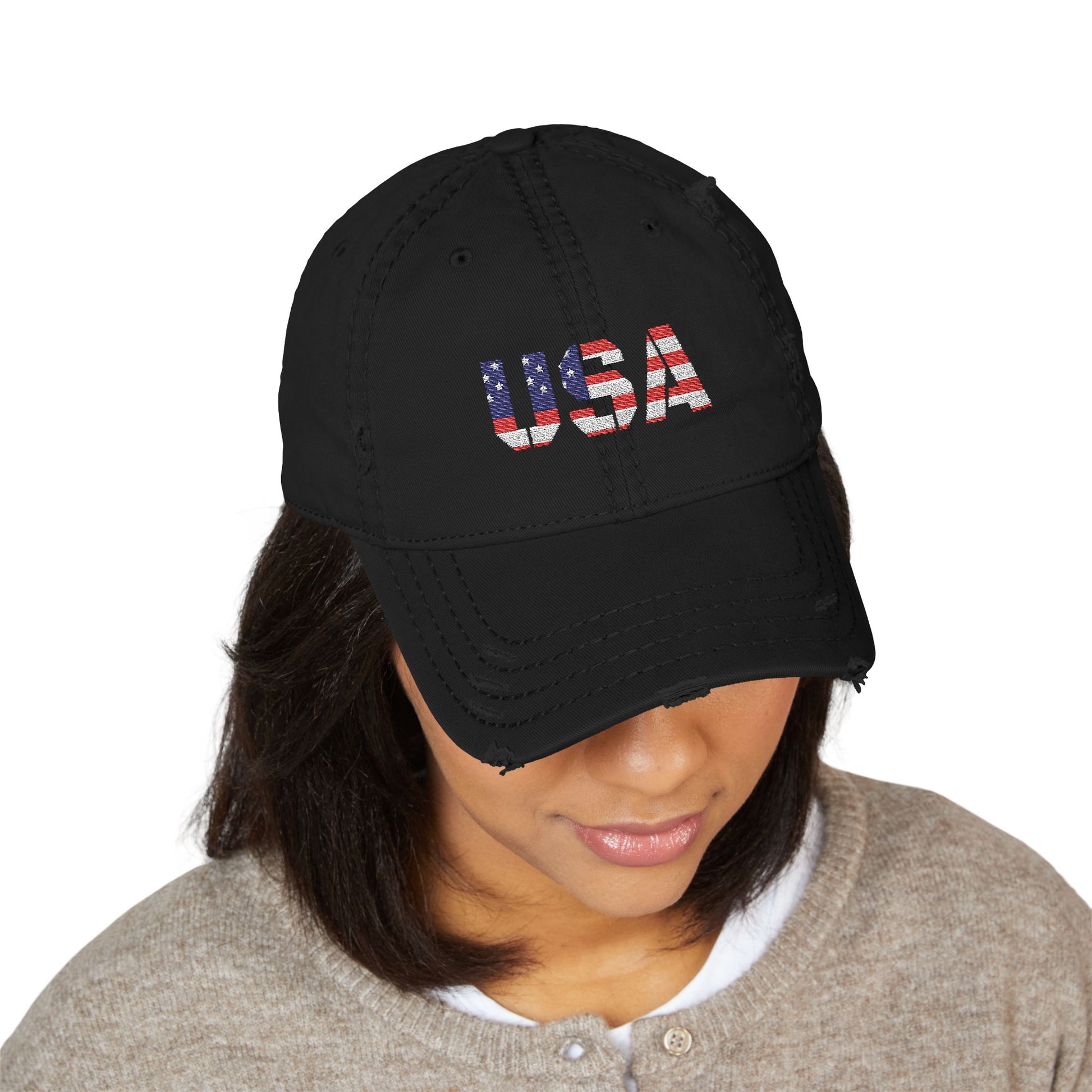 Distressed USA flag embroidered dad hat with adjustable strap, casual style, featuring patriotic American flag design.