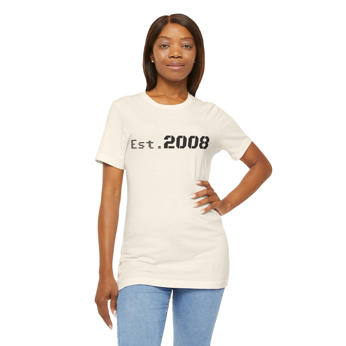 Black graphic T-shirt from Printify featuring "Established 2008" text, casual fit, and minimal design.