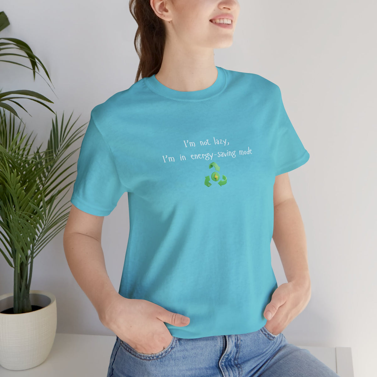 Eco-friendly mock T-shirt with humorous "I’m Not Lazy, I’m an Energy-Saving Mock" print, by Printify.