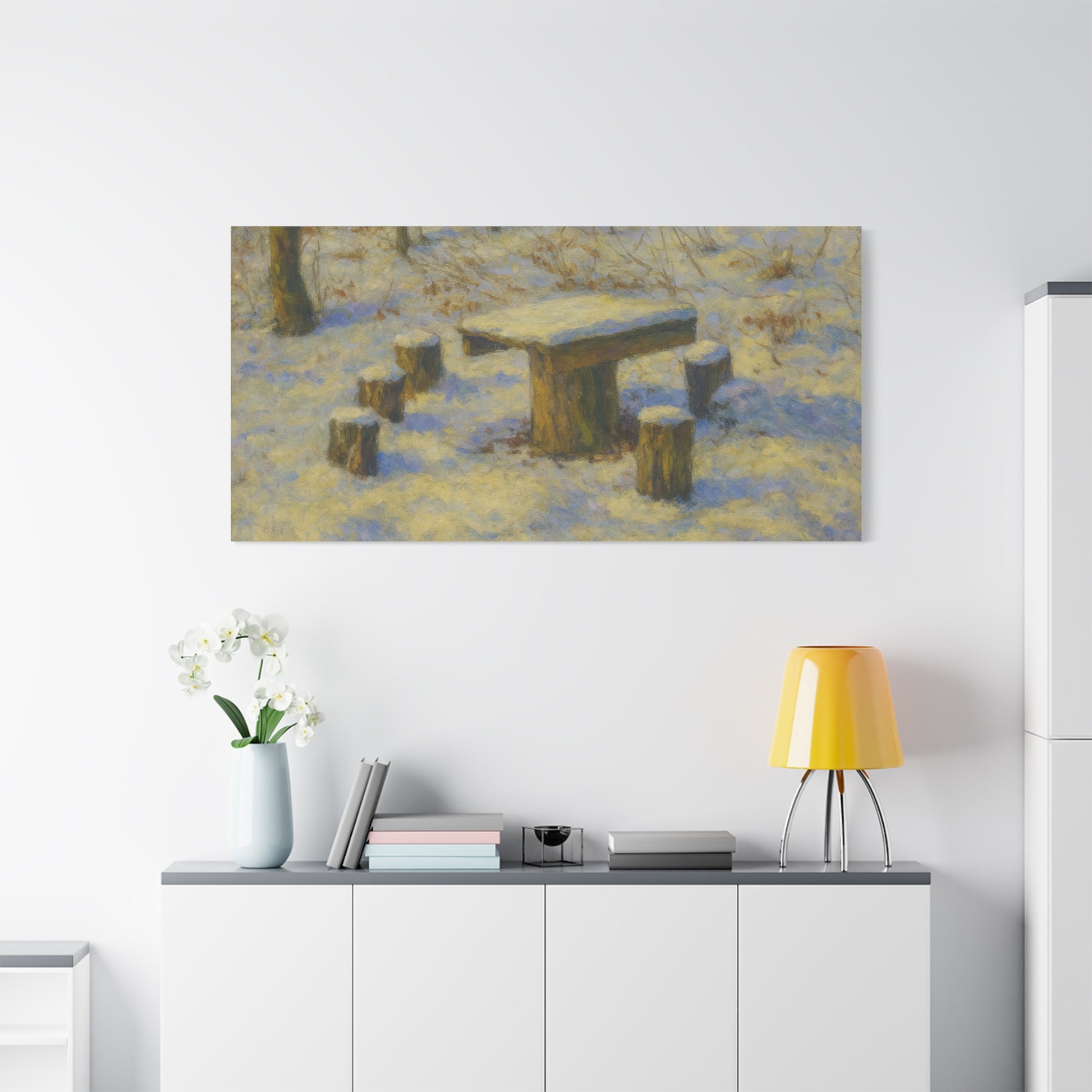 Snowy forest winter landscape canvas wall art by Printify, matte stretched print featuring a snowy forest scene.