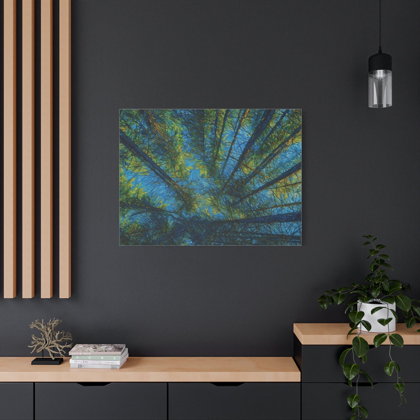 Forest Canopy Matte Canvas Wall Art — Upward View of Trees, Blue & Green Nature Print