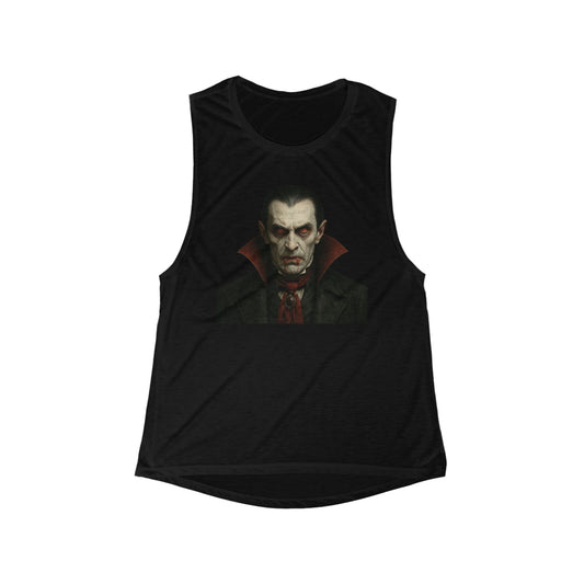 Vampire Portrait women's gothic muscle tank top with Dracula graphic, black sleeveless shirt for gothic fashion style.