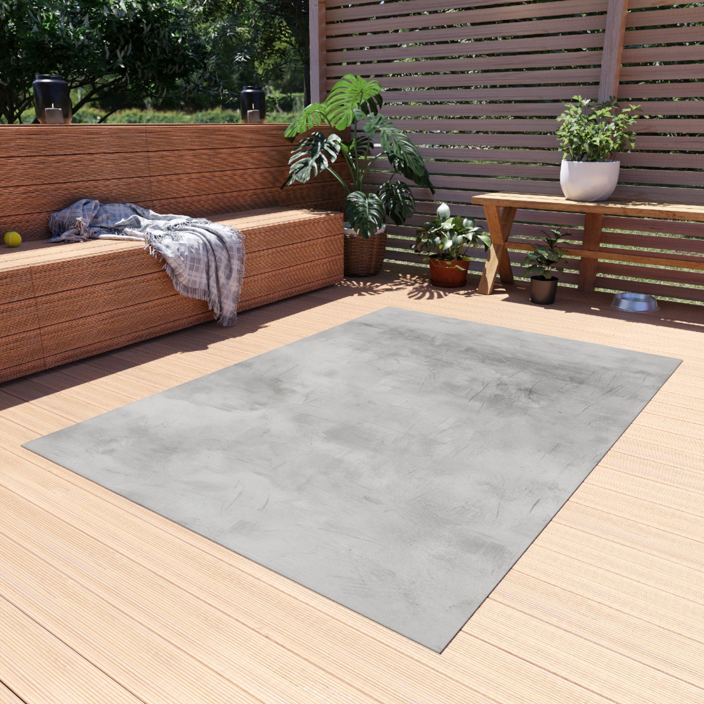 Modern gray outdoor rug from Printify, suitable for patios and decks, featuring durable indoor-outdoor flooring design.