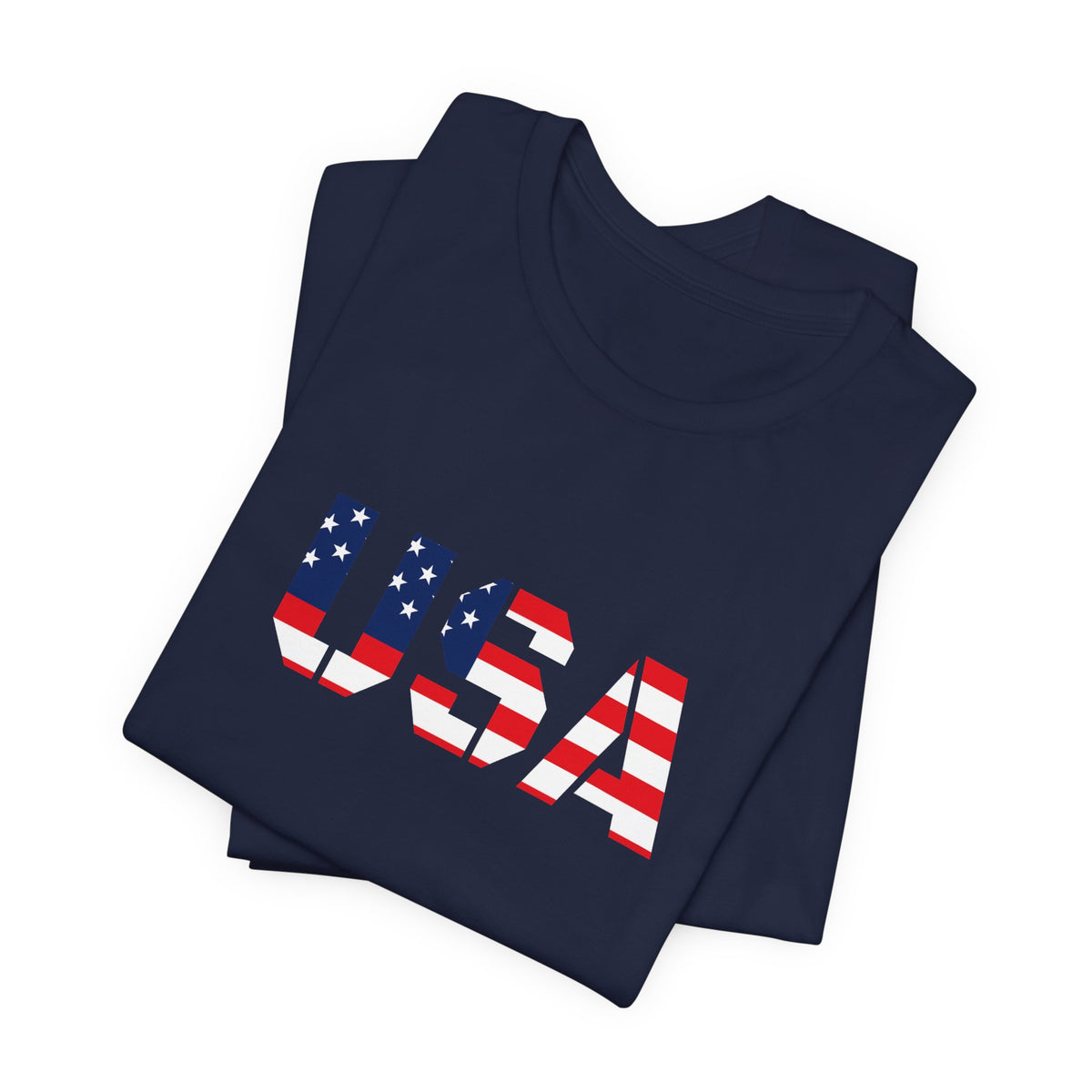 USA flag patriotic T-shirt featuring bold red, white, and blue colors, perfect for Fourth of July celebrations.