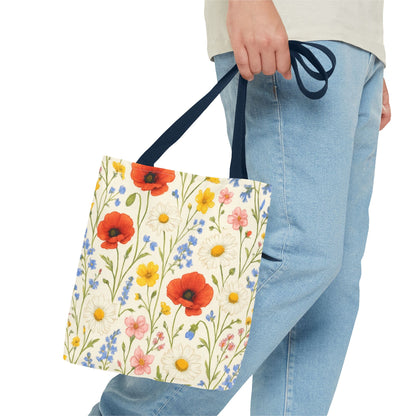 Wildflower Poppy print tote bag with floral all-over pattern from Printify, featuring a spacious design and vibrant poppy flowers.