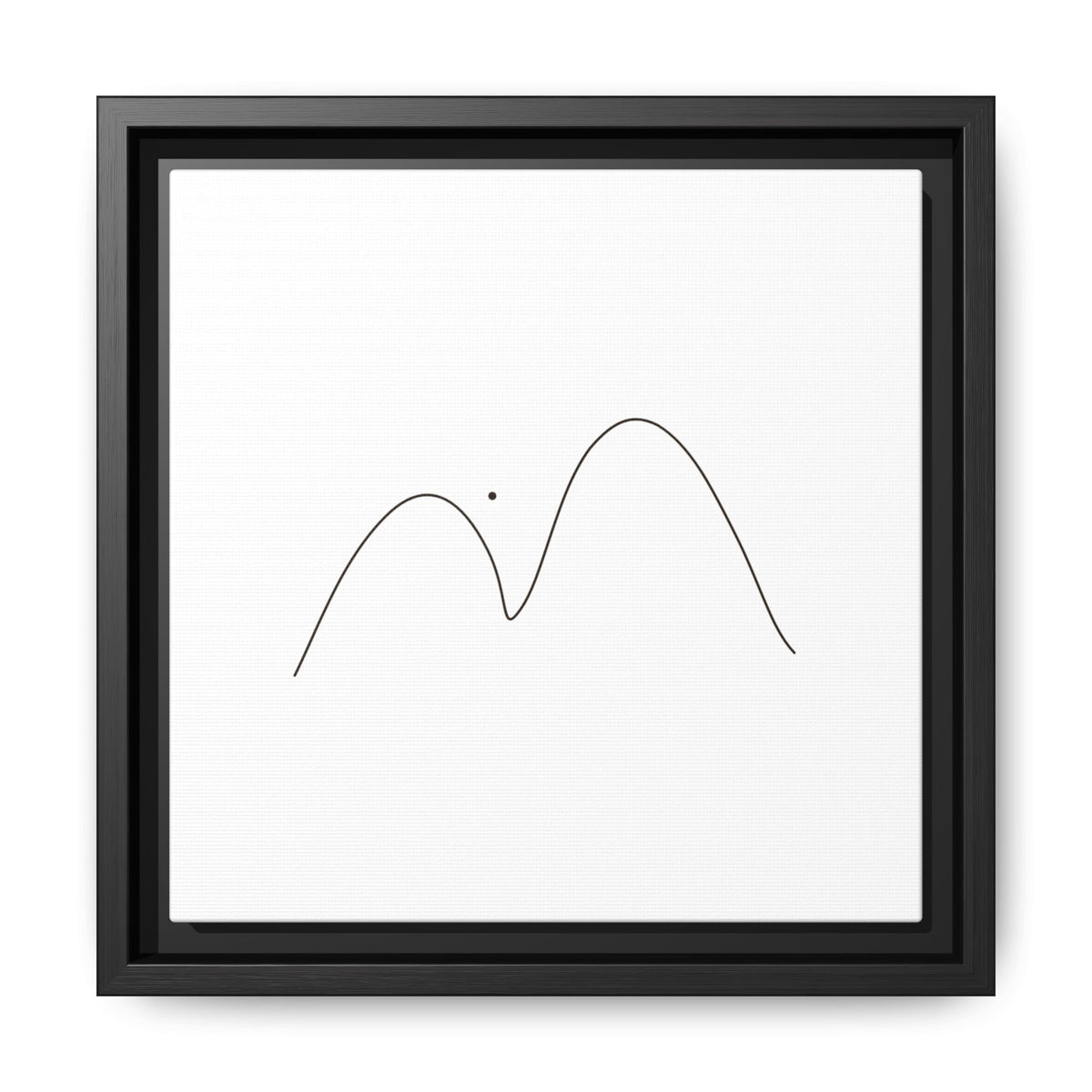Minimalist mountain line art on framed matte canvas by Printify, featuring simple black mountain peaks on a white background.