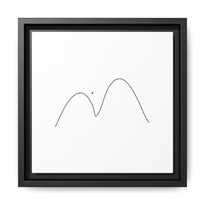 Minimalist mountain line art on framed matte canvas by Printify, featuring simple black mountain peaks on a white background.