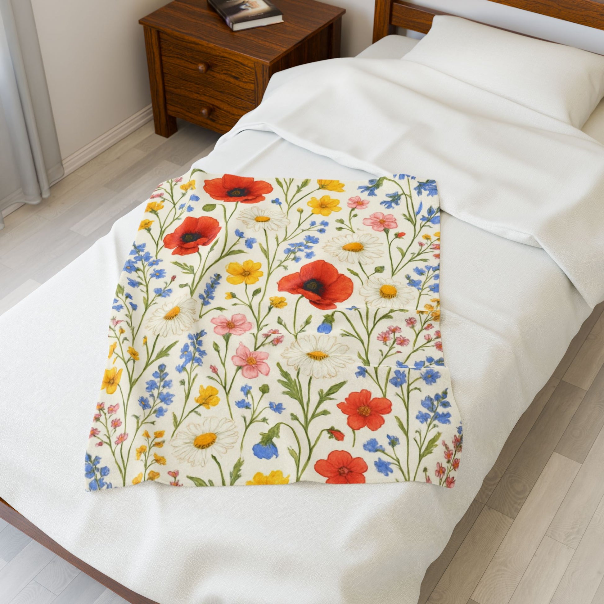 Wildflower Meadow Velveteen Plush Blanket | Poppy Daisy Floral Throw - TRV