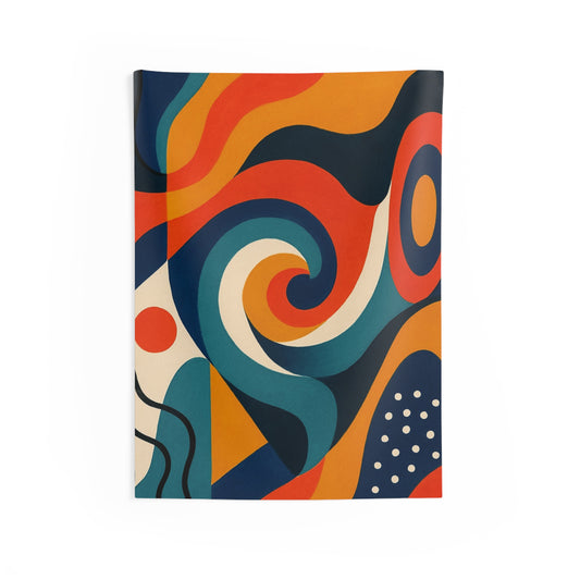 Colorful abstract retro swirl tapestry featuring geometric patterns, ideal as vibrant wall art for modern home decor.