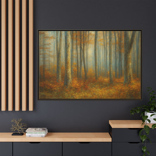 Framed Autumn Forest Canvas Print — Misty Woodland Wall Art