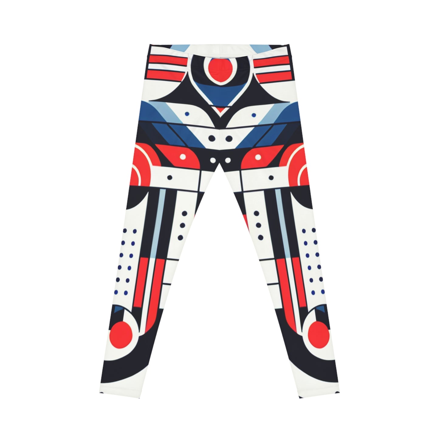 Red, white, and blue geometric tribal print leggings by Printify featuring all-over tribal pattern activewear design.