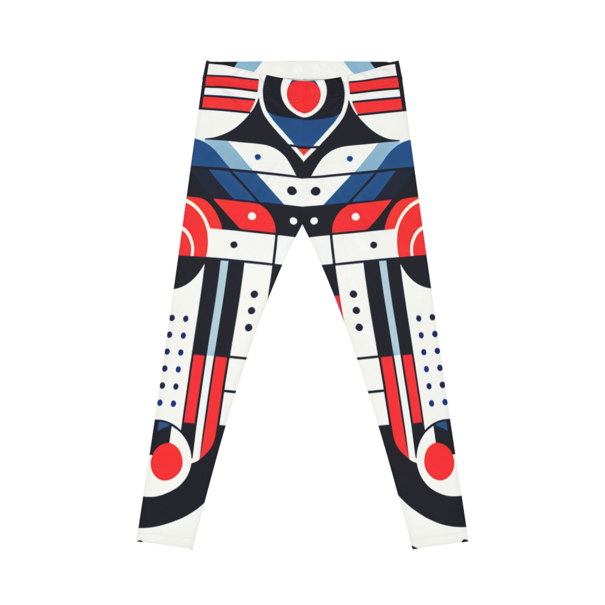 Red, white, and blue geometric tribal print leggings by Printify featuring all-over tribal pattern activewear design.