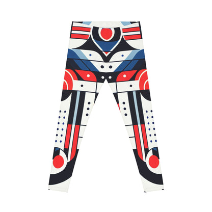 Red, white, and blue geometric tribal print leggings by Printify featuring all-over tribal pattern activewear design.