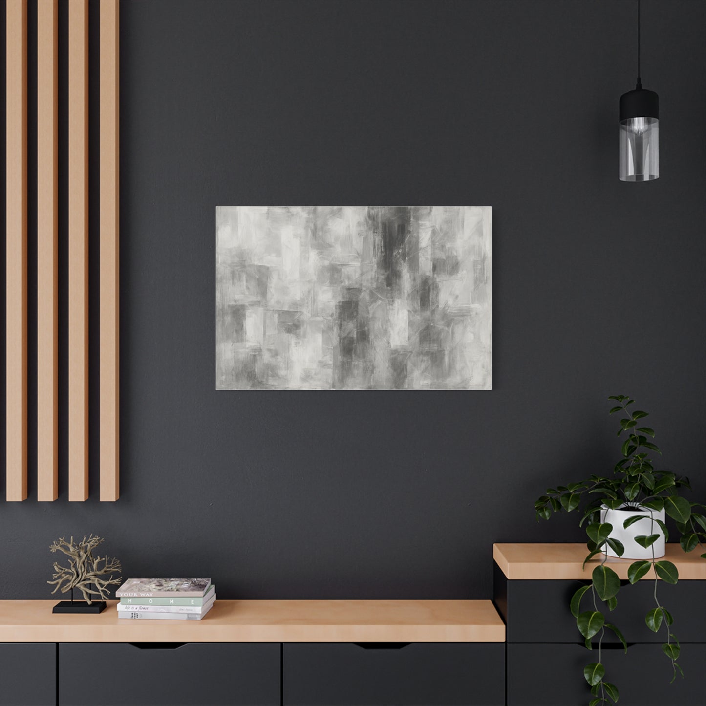 Abstract grey brushstroke canvas wall art on neutral modern matte stretched canvas by Printify, showcasing contemporary wall decor.