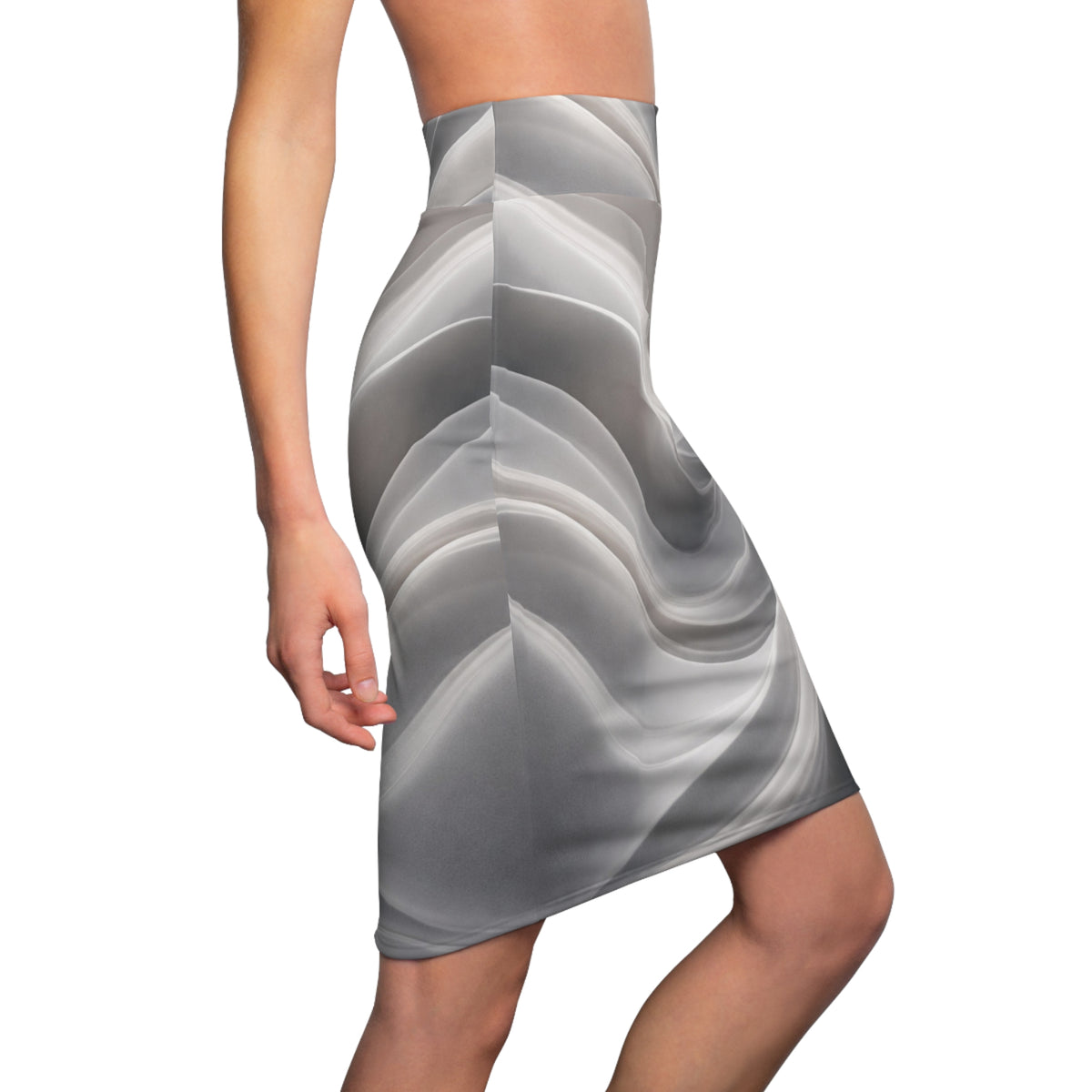 Abstract gray wave pattern pencil skirt with monochrome swirl design, all-over print by Printify, shown on a model.