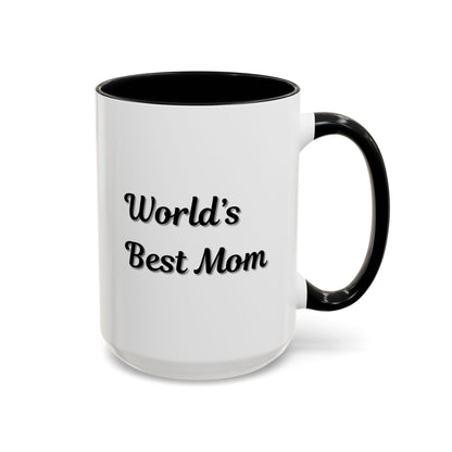 Black-ceramic "World's Best Mom" accent coffee mug with trim, ideal as a Mother's Day gift, by Printify.