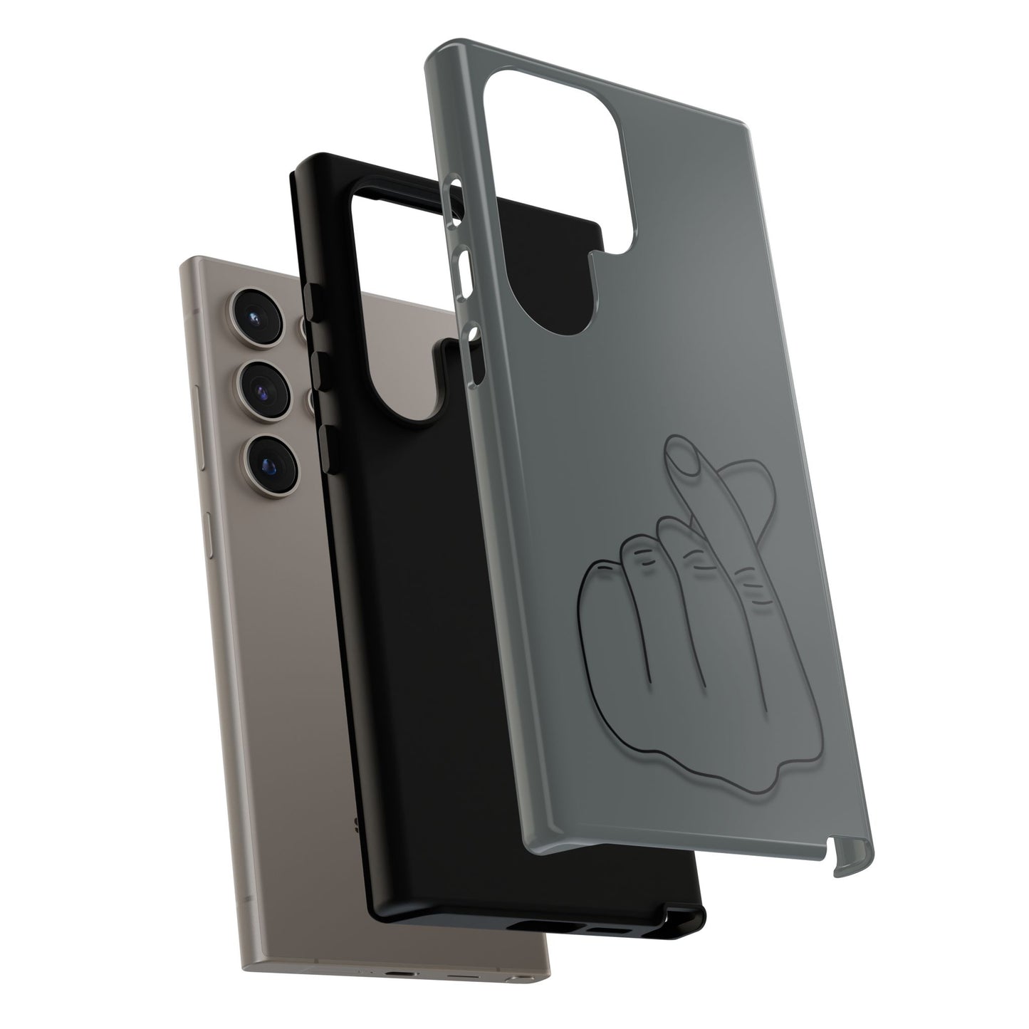 Silicone phone case with embossed Korean finger heart design, compatible with smartphones, by Printify.