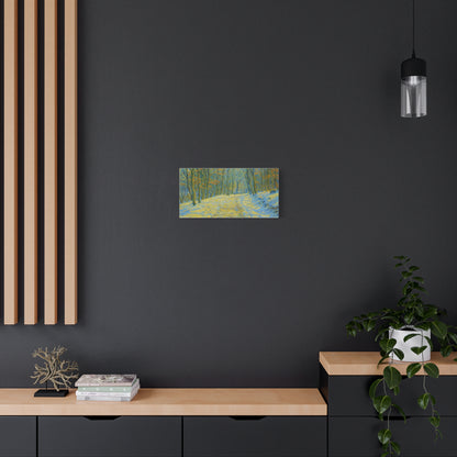 Winter landscape canvas wall art by Printify showcasing a cozy nature scene, perfect for living room decor.