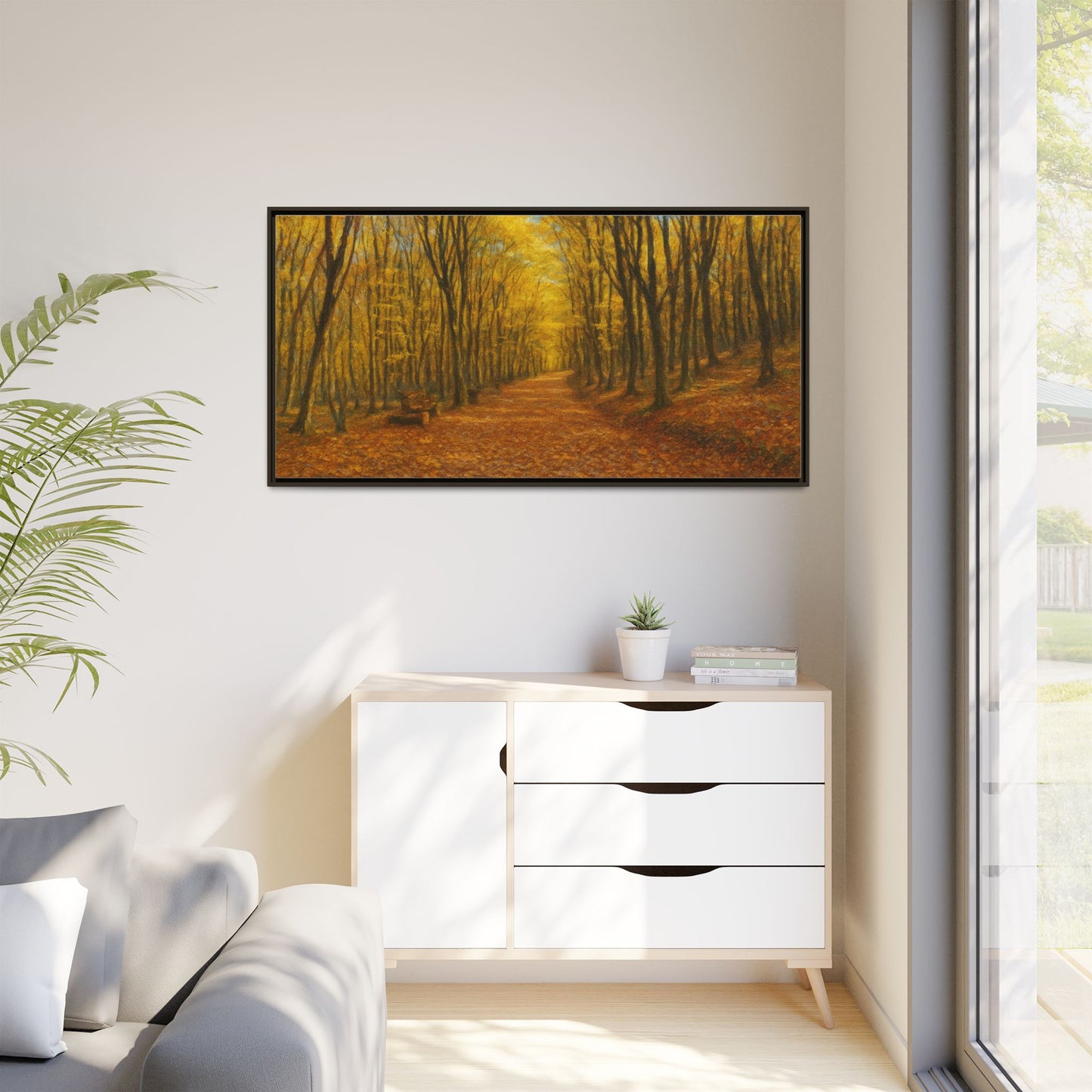 Autumn forest path matte canvas wall art by Printify showing a scenic woodland trail with colorful fall foliage.