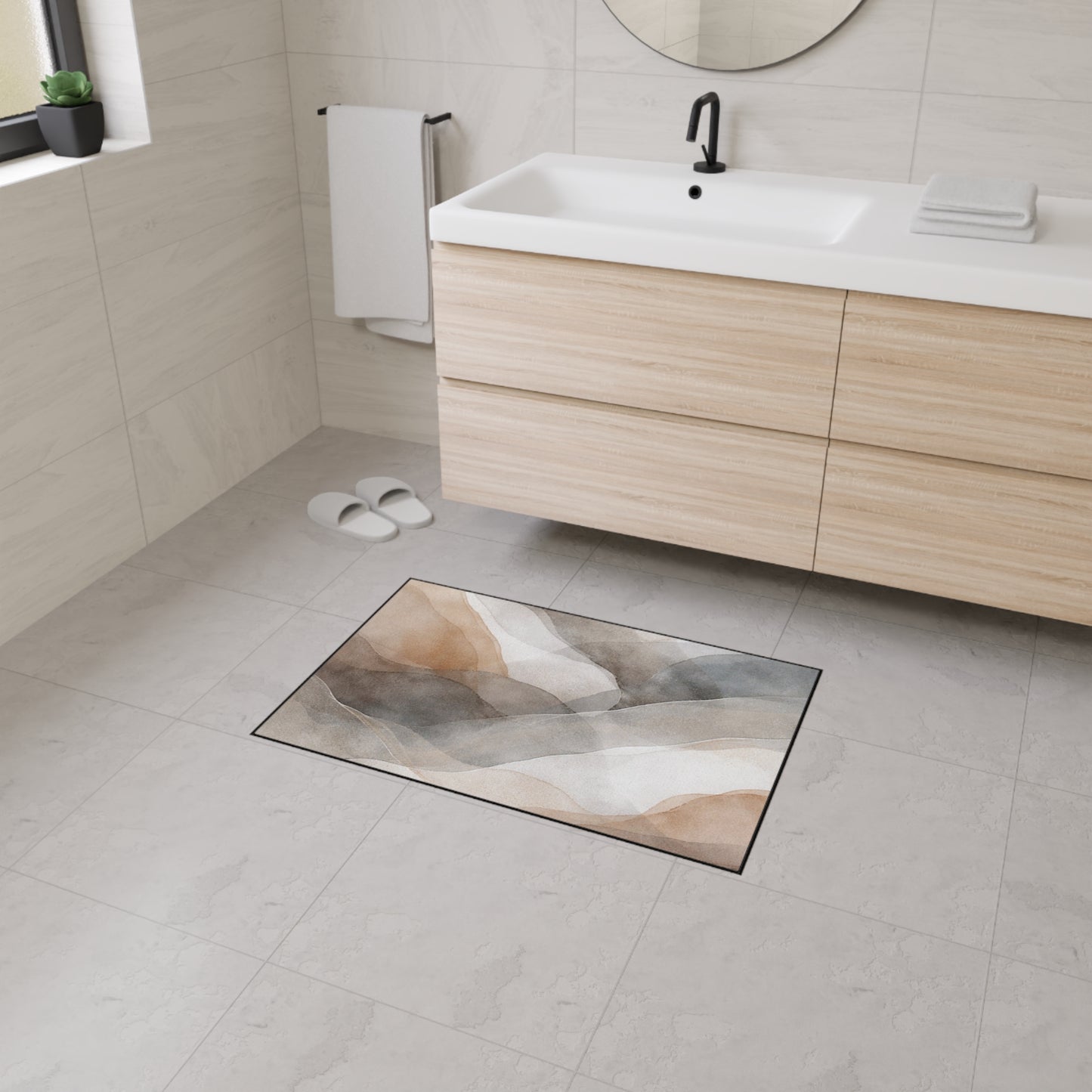 Neutral Watercolor Landscape Heavy Duty Floor Mat | Abstract Earth Tones Rug