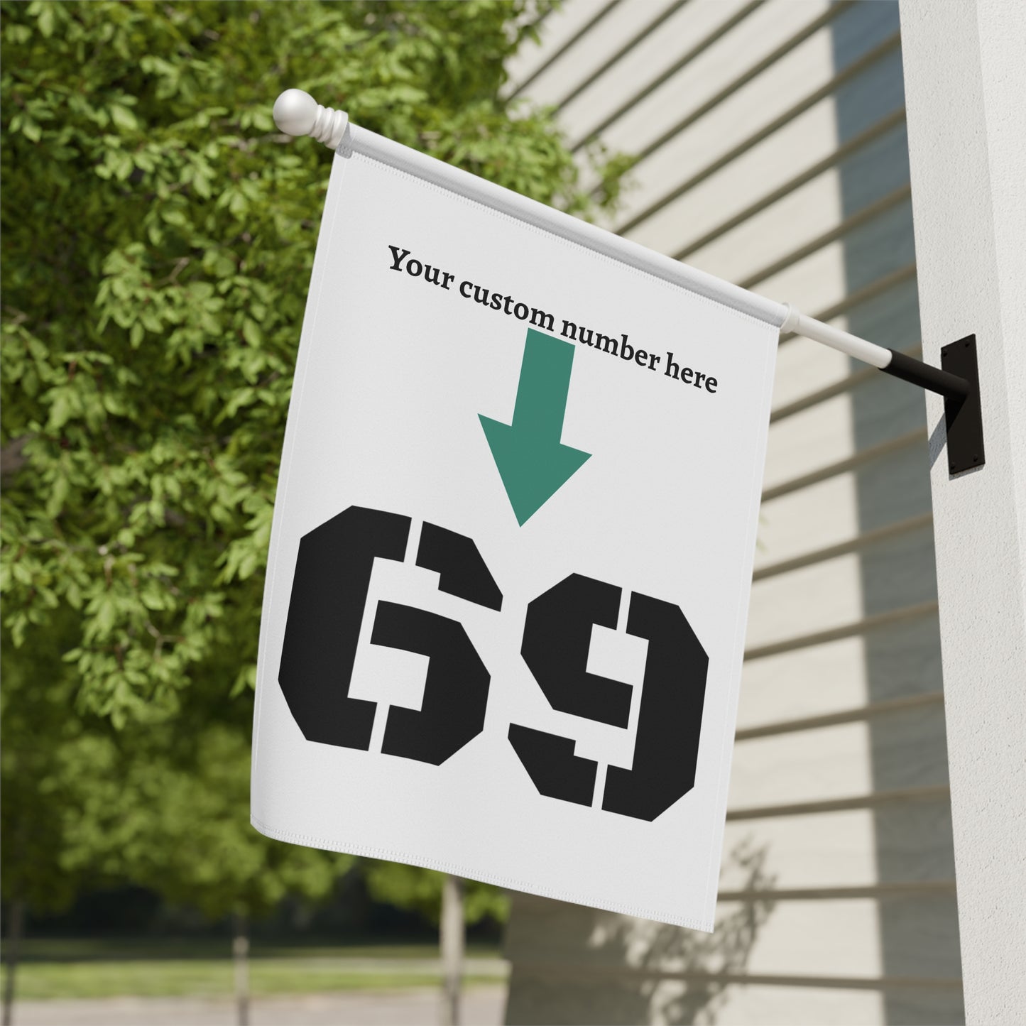 Personalized garden flag with custom house number sign, featuring a colorful garden scene and space for custom text.