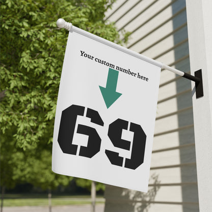Personalized garden flag with custom house number sign, featuring a colorful garden scene and space for custom text.