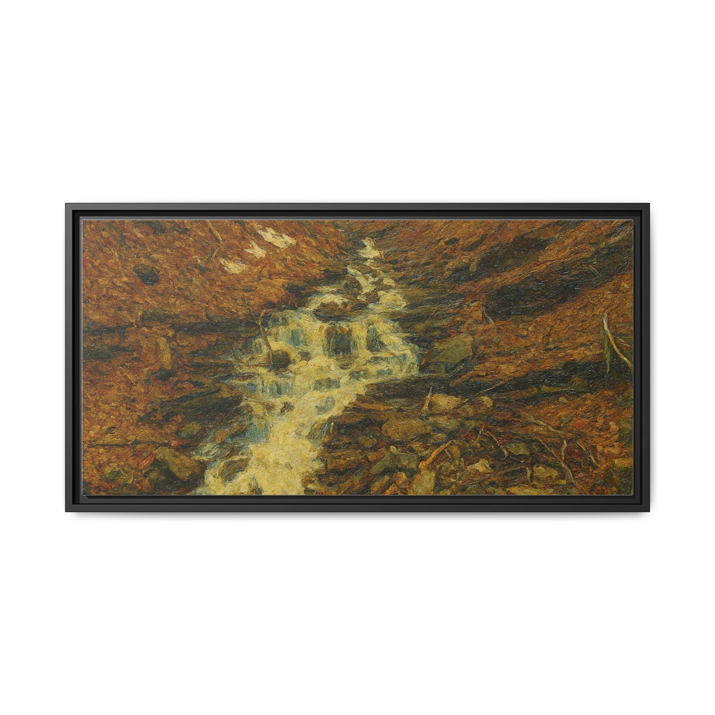 Framed matte canvas print of autumn stream landscape artwork by Printify, showcasing vibrant fall colors and tranquil nature scene.