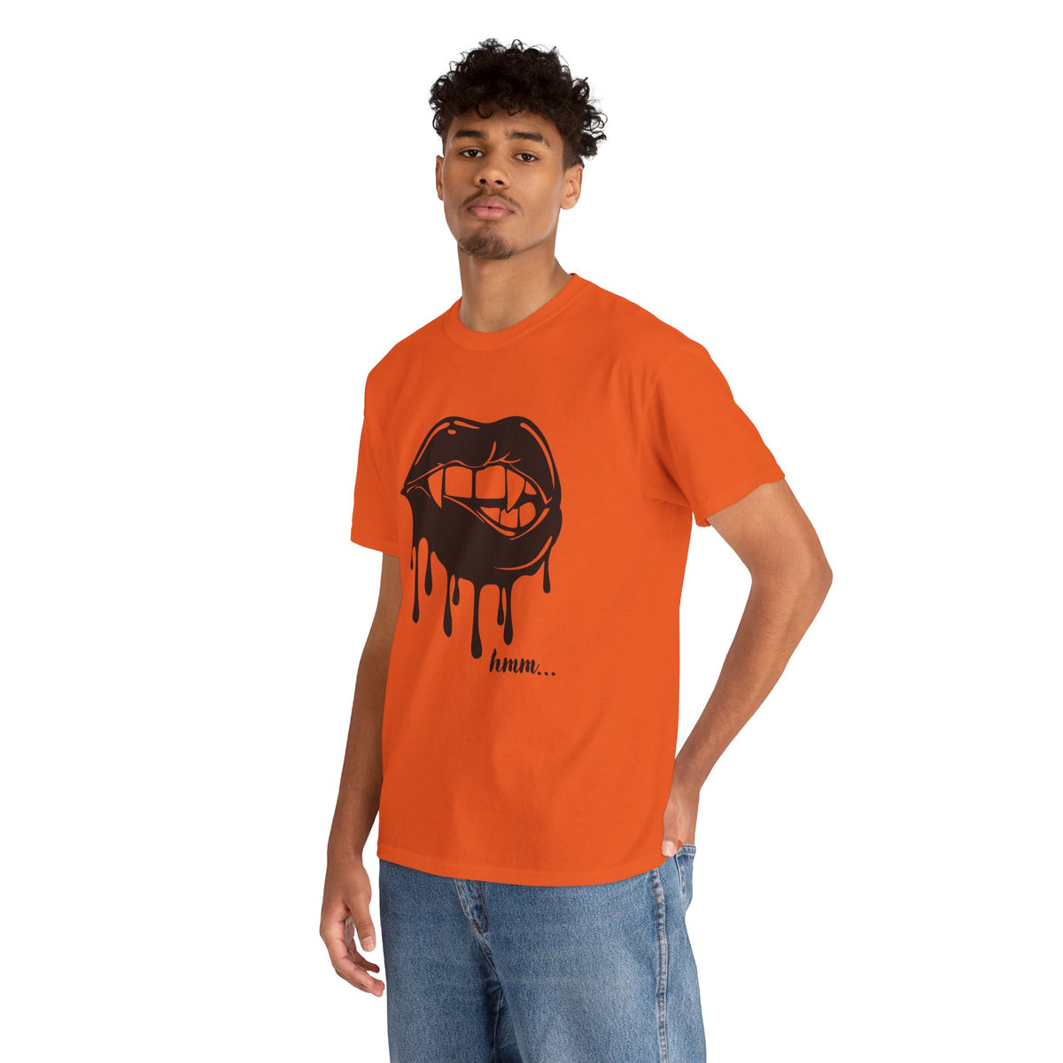 Black graphic T-shirt from Printify featuring a dripping lips 'hmm...' bite design on the front.