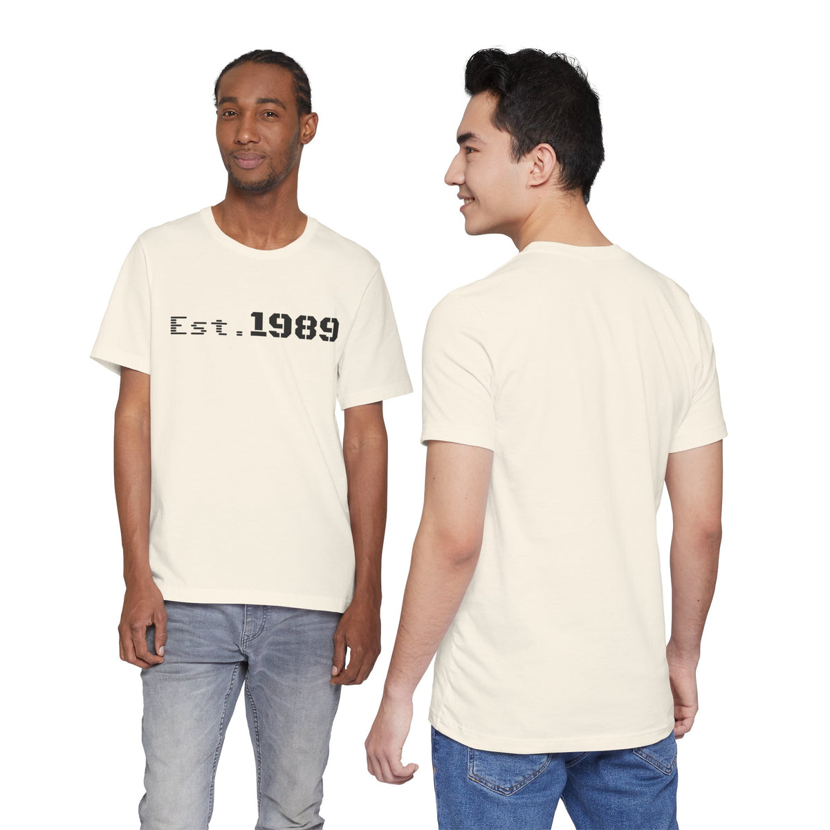 Vintage Est. 1989 Printify T-shirt with graphic design celebrating the year of birth, made from soft cotton fabric.