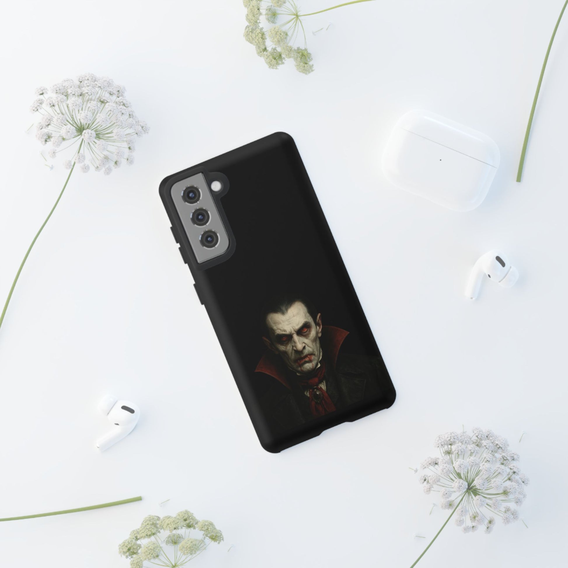 Gothic vampire portrait phone case for iPhone featuring Dracula horror design by Printify, black background with detailed vampire art.