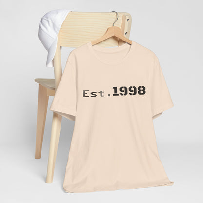 Vintage Est. 1998 T-Shirt by Printify featuring a graphic design celebrating the year of birth.