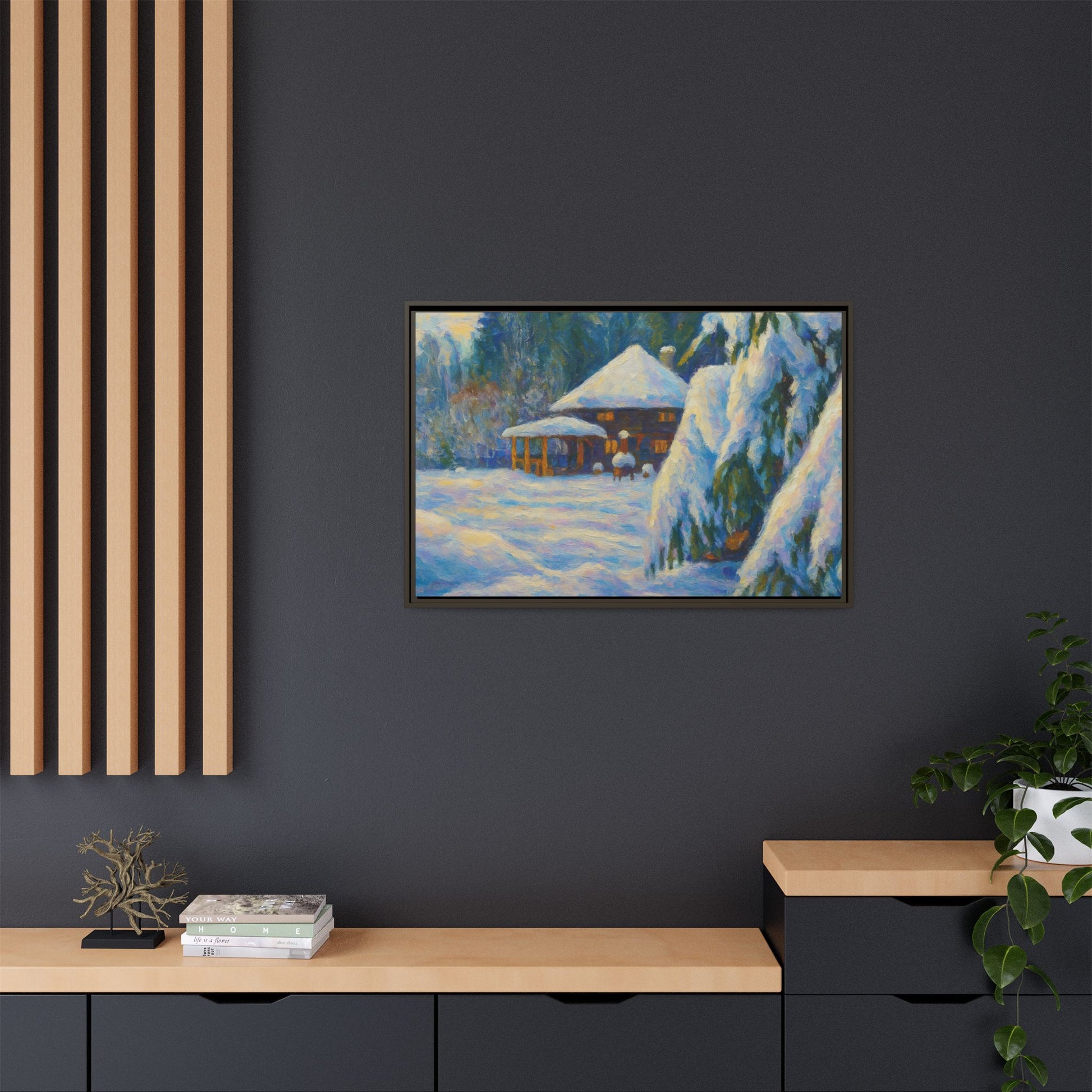 Framed matte canvas wall art featuring a snowy cabin winter landscape, showcasing a cozy winter scene with trees and snow.