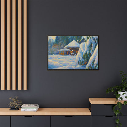 Framed matte canvas wall art featuring a snowy cabin winter landscape, showcasing a cozy winter scene with trees and snow.