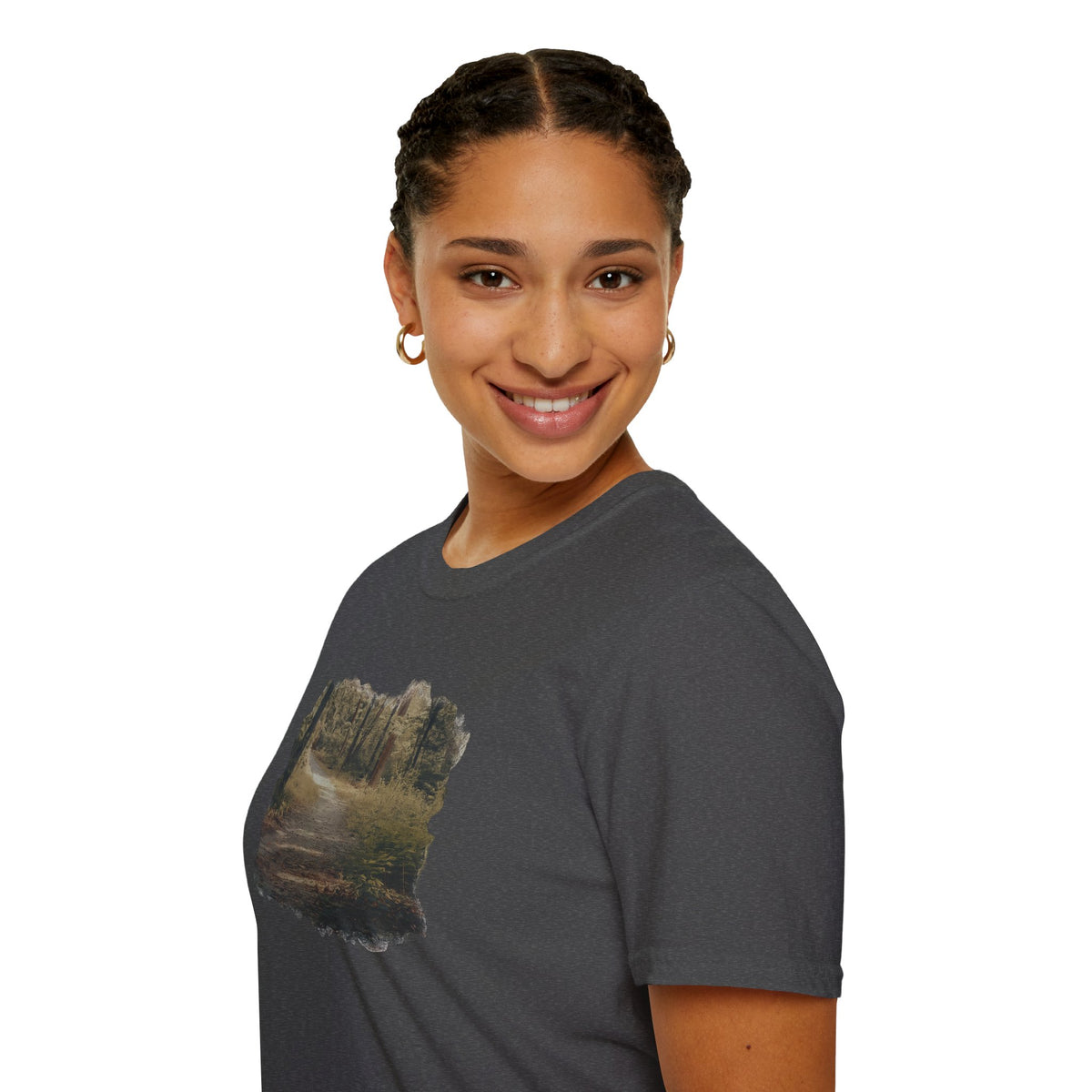 Vintage forest landscape T-shirt by Printify featuring a nature pathway scene on a casual cotton tee.
