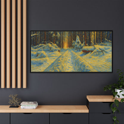 Framed matte canvas print of a snowy forest path at sunset, featuring vibrant colors and natural woodland scenery.