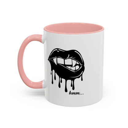 Black dripping lips graphic coffee mug with bite design, 11oz or 15oz size, featuring bold print on ceramic mug.
