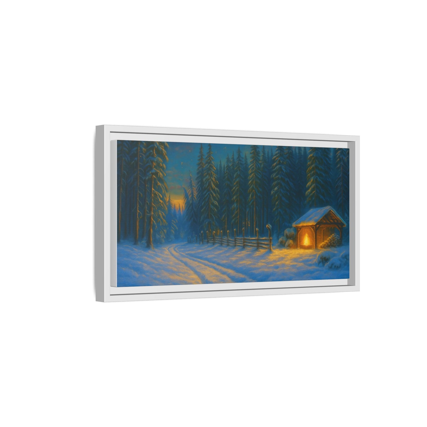 Winter cabin canvas wall art featuring a snowy forest scene in a matte framed print by Printify.