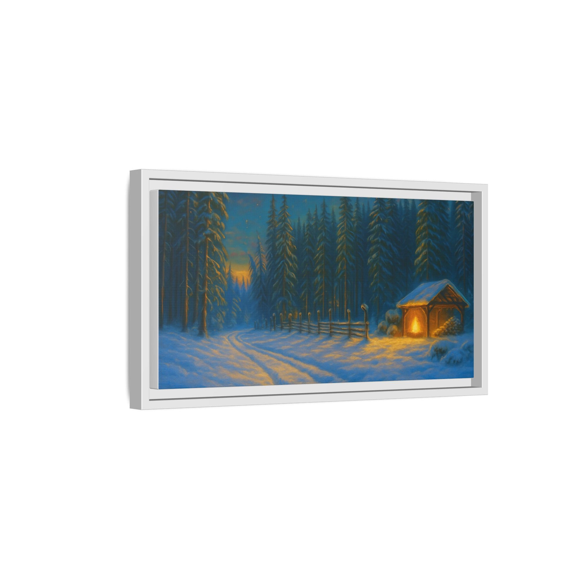 Winter cabin canvas wall art featuring a snowy forest scene in a matte framed print by Printify.