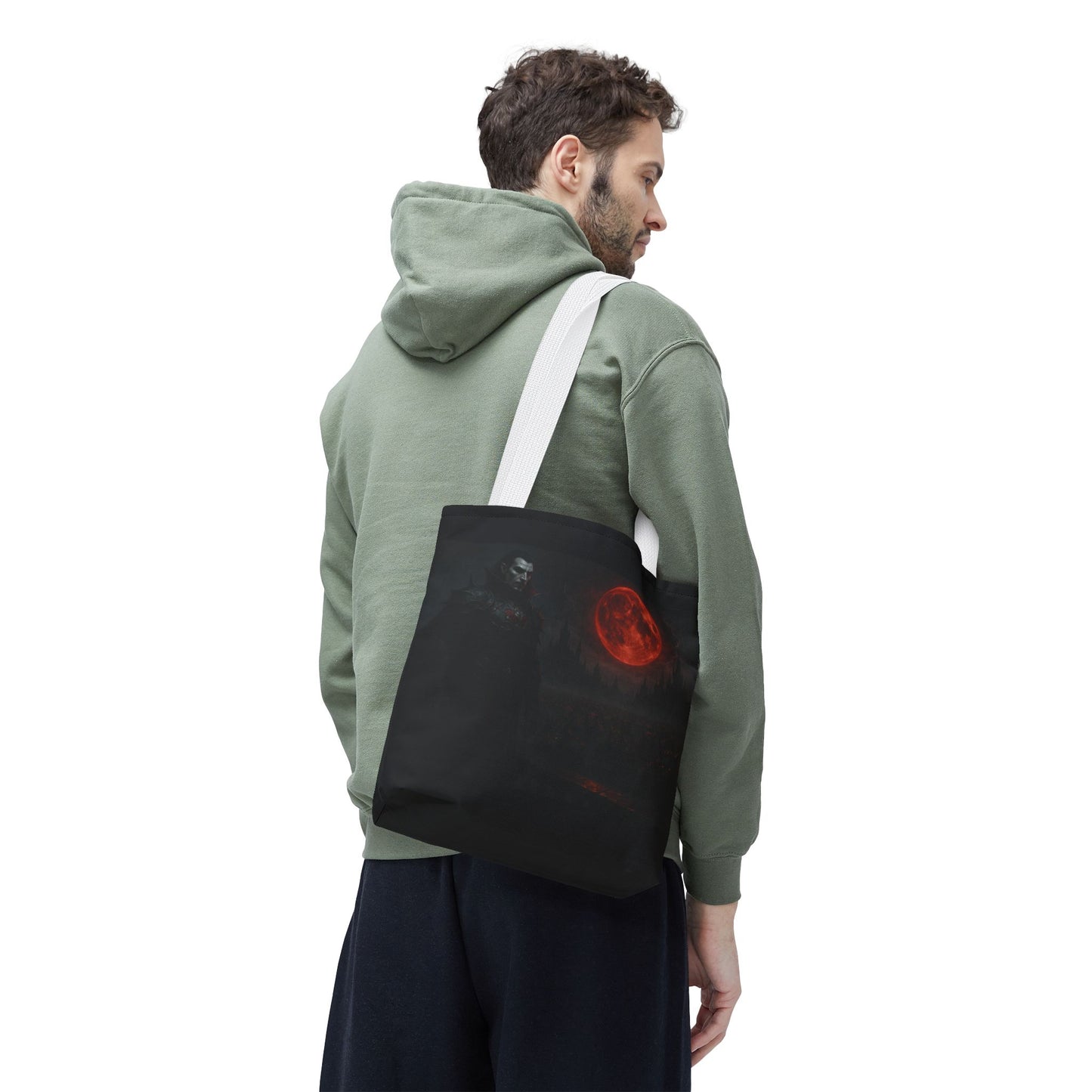 Gothic Dracula tote bag with moonlit vampire art, perfect Halloween gift, made by Printify, featuring a detailed spooky design.