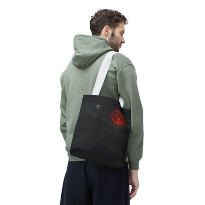 Gothic Dracula tote bag with moonlit vampire art, perfect Halloween gift, made by Printify, featuring a detailed spooky design.