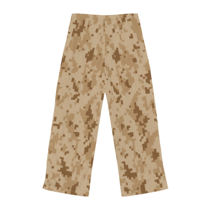 Desert camo women's pajama pants with digital camouflage print, cozy loungewear, all-over print, by Printify.