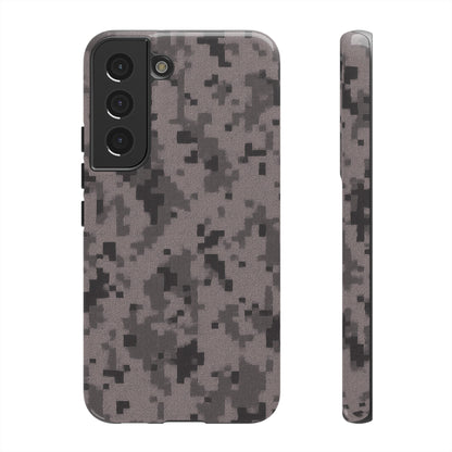 Gray digital camouflage phone case by Printify, showcasing a tough protective cover with a camouflage pattern for smartphones.