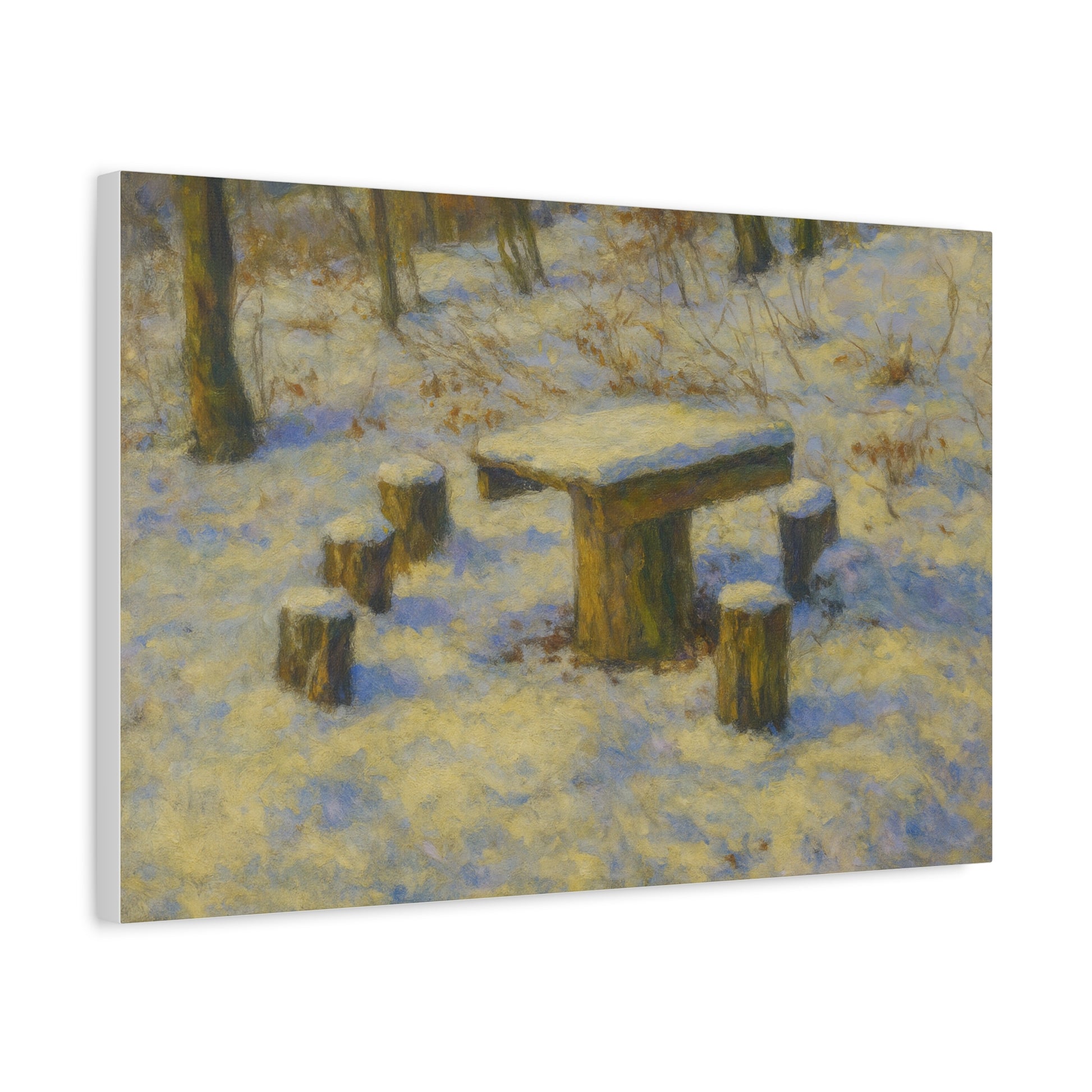 Snowy forest winter landscape canvas wall art by Printify, matte stretched print showcasing a peaceful snowy forest scene.