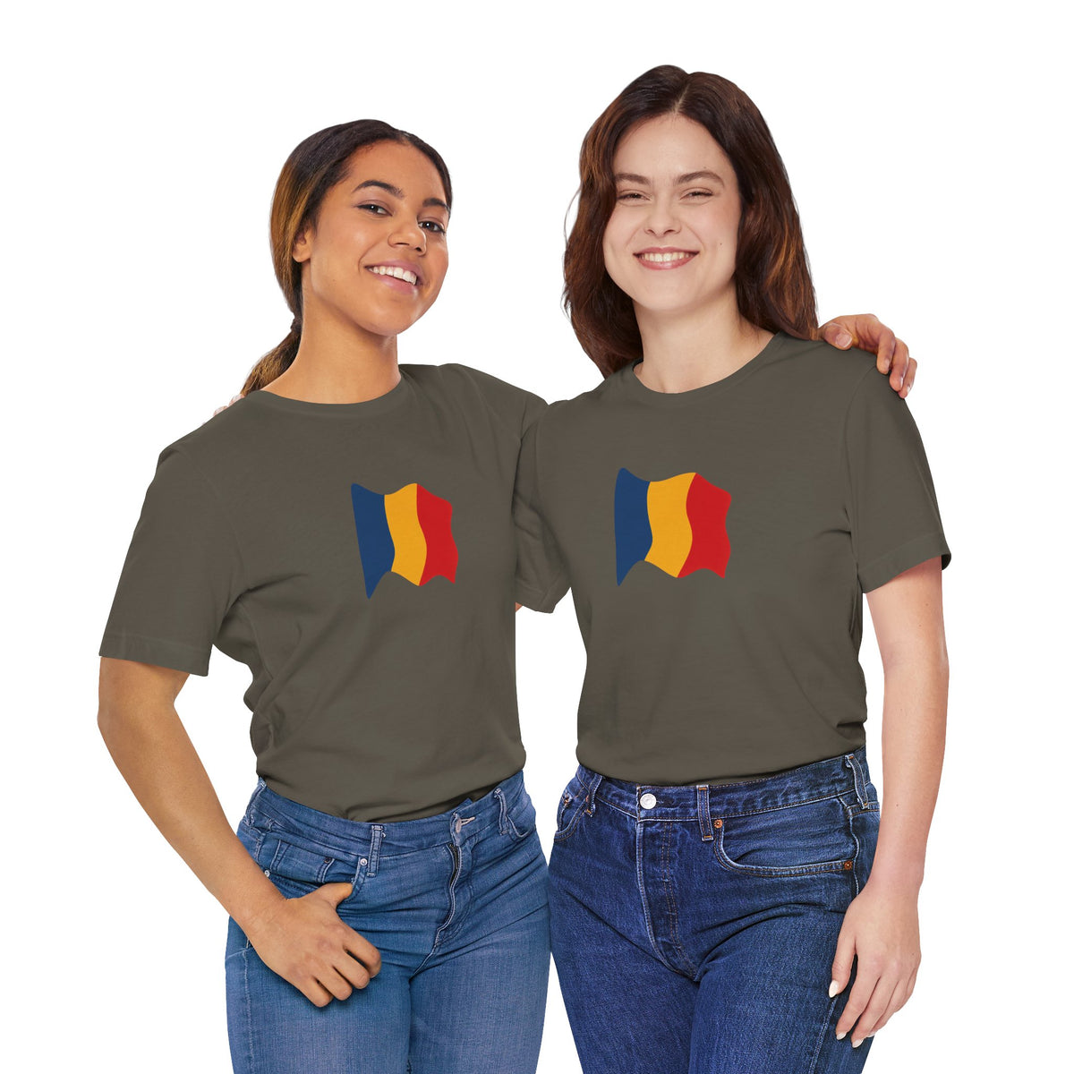 Romania flag T-Shirt by Printify featuring a minimal waving tricolor design on a casual tee.