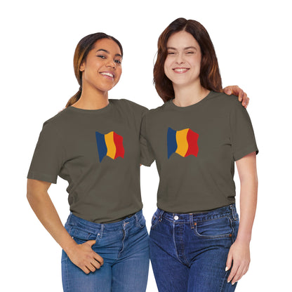 Romania flag T-Shirt by Printify featuring a minimal waving tricolor design on a casual tee.