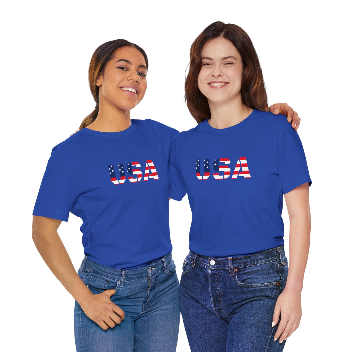 USA flag text T-shirt by Printify featuring patriotic red, white, and blue design for Fourth of July celebrations.
