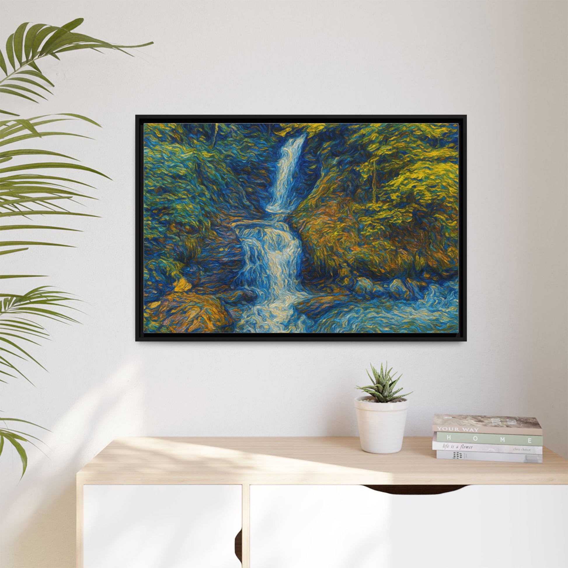 Framed matte canvas print featuring an impressionist waterfall wall art by Printify, showcasing vibrant water and nature scene.